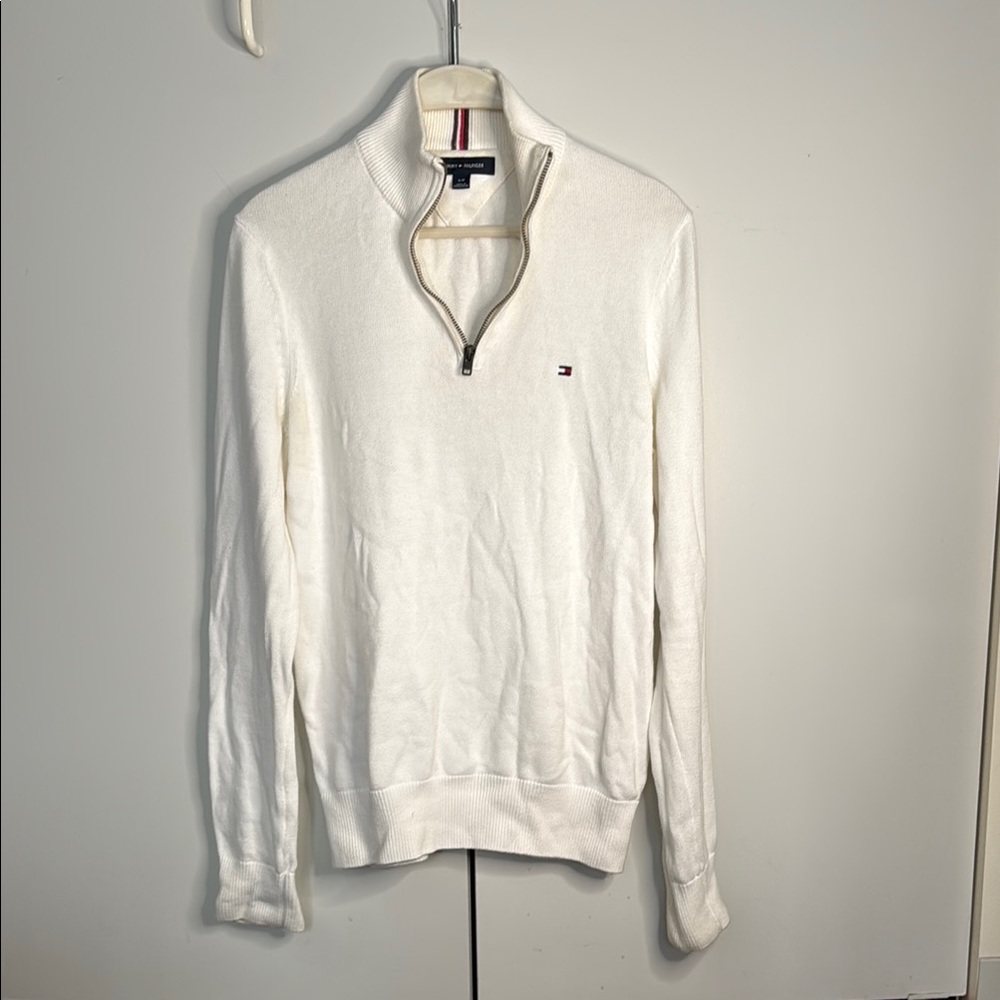 Tommy Hilfiger White Quarter Zip Up Sweater Classic Knit Design